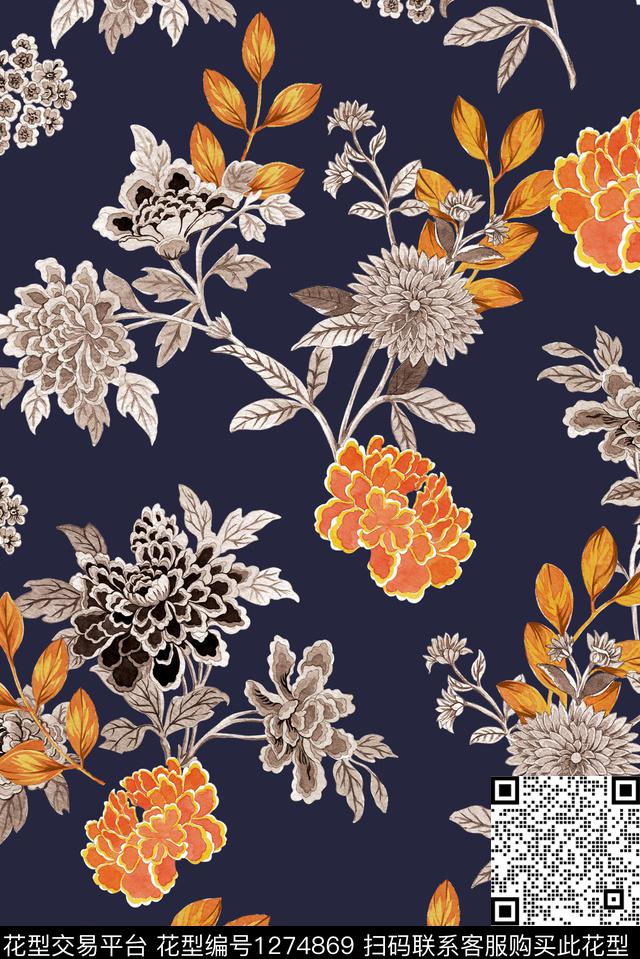 花卉大牌风线条花卉数码印花华亿平台下载（图片编号: 1274869） - 瓦栏（Walan）