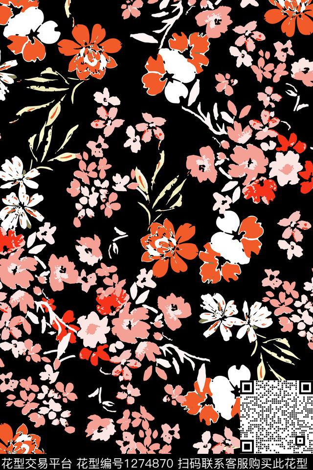 小碎花矢量黑底花卉传统印花华亿平台下载（图片编号: 1274870） - 瓦栏（Walan）