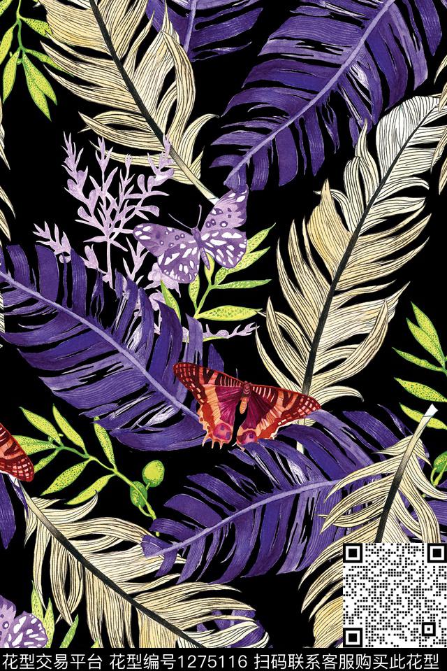 羽毛花卉绿植树叶数码印花华亿平台下载（图片编号: 1275116） - 瓦栏（Walan）
