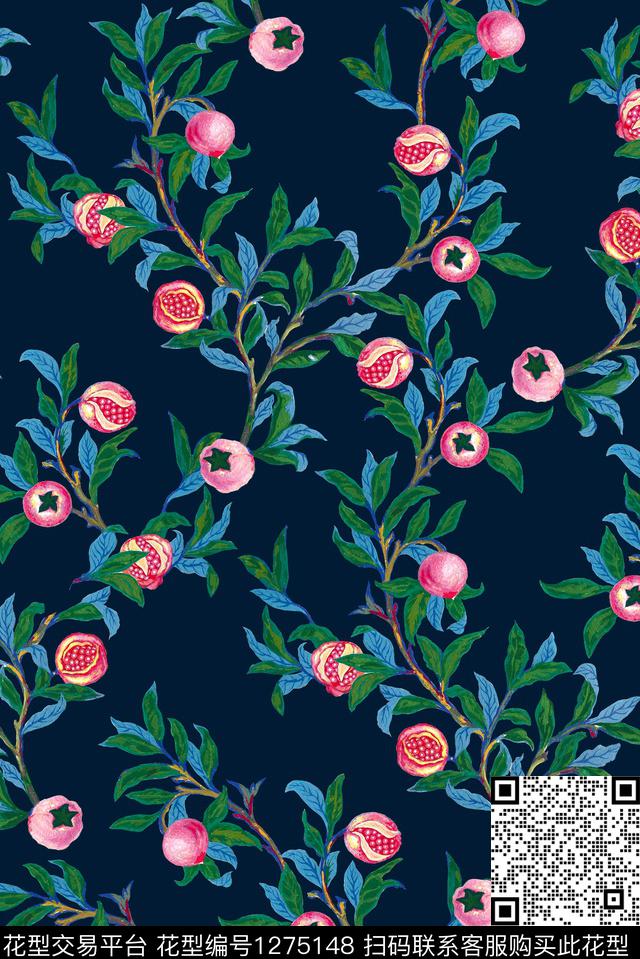 花卉绿植树叶石榴数码印花华亿平台下载（图片编号: 1275148） - 瓦栏（Walan）