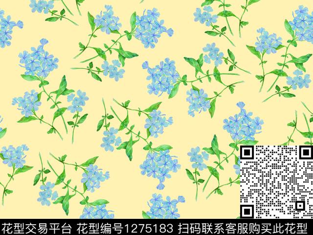 小蓝花雪兰花手绘雪兰花数码印花华亿平台下载（图片编号: 1275183） - 瓦栏（Walan）