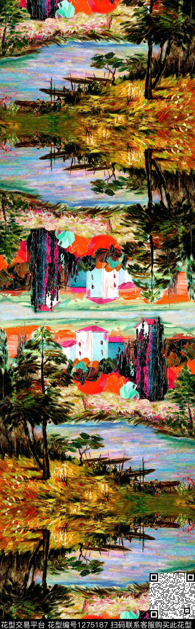风景定位披肩长巾油画风景数码印花华亿平台下载（图片编号: 1275187） - 瓦栏（Walan）