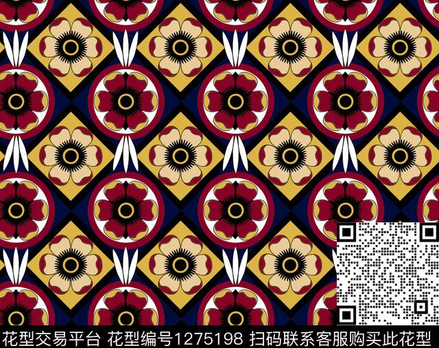 几何花卉古典花纹传统印花华亿平台下载（图片编号: 1275198） - 瓦栏（Walan）
