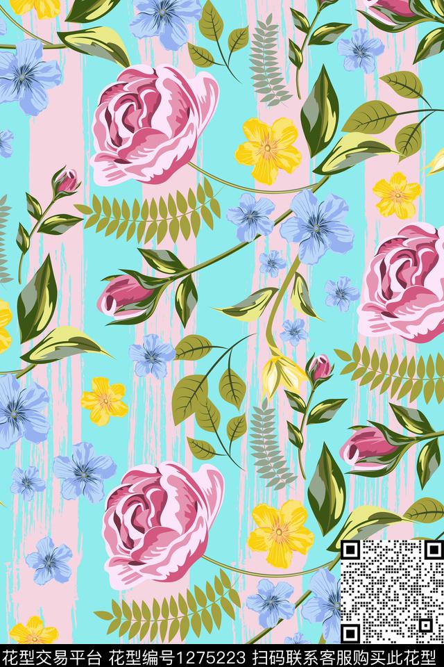 玫瑰花植物手绘数码印花华亿平台下载（图片编号: 1275223） - 瓦栏（Walan）