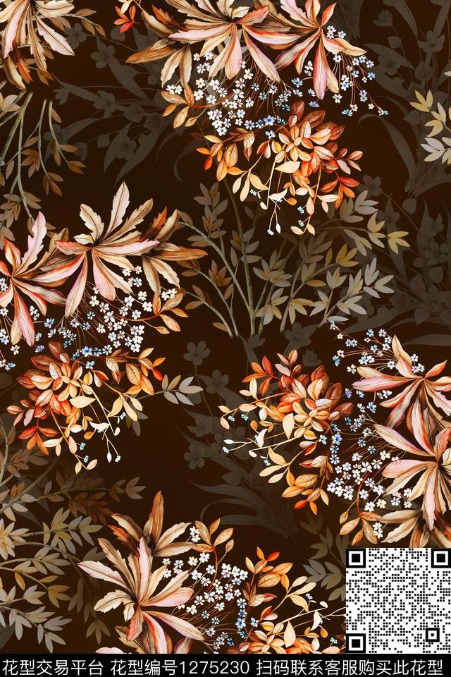 复古花卉旗袍数码印花华亿平台下载（图片编号: 1275230） - 瓦栏（Walan）