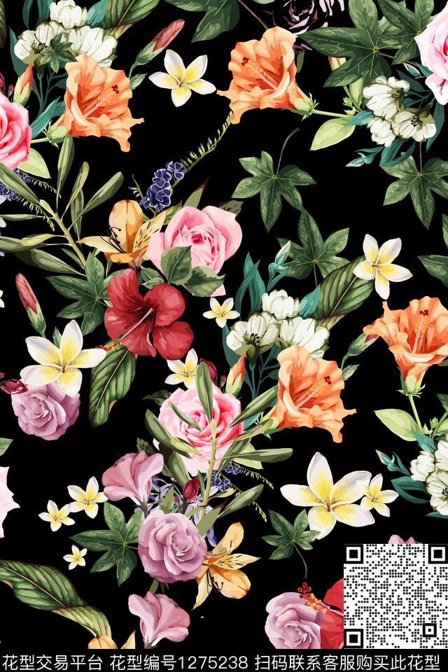 花卉手绘绿植树叶数码印花华亿平台下载（图片编号: 1275238） - 瓦栏（Walan）