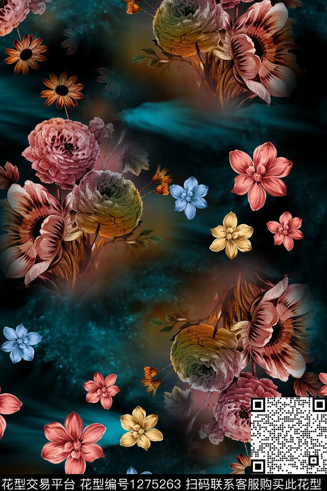 女装连衣裙花卉数码印花华亿平台下载（图片编号: 1275263） - 瓦栏（Walan）