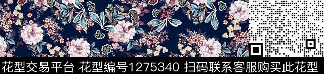 花卉绿植树叶老蓝底数码印花华亿平台下载（图片编号: 1275340） - 瓦栏（Walan）