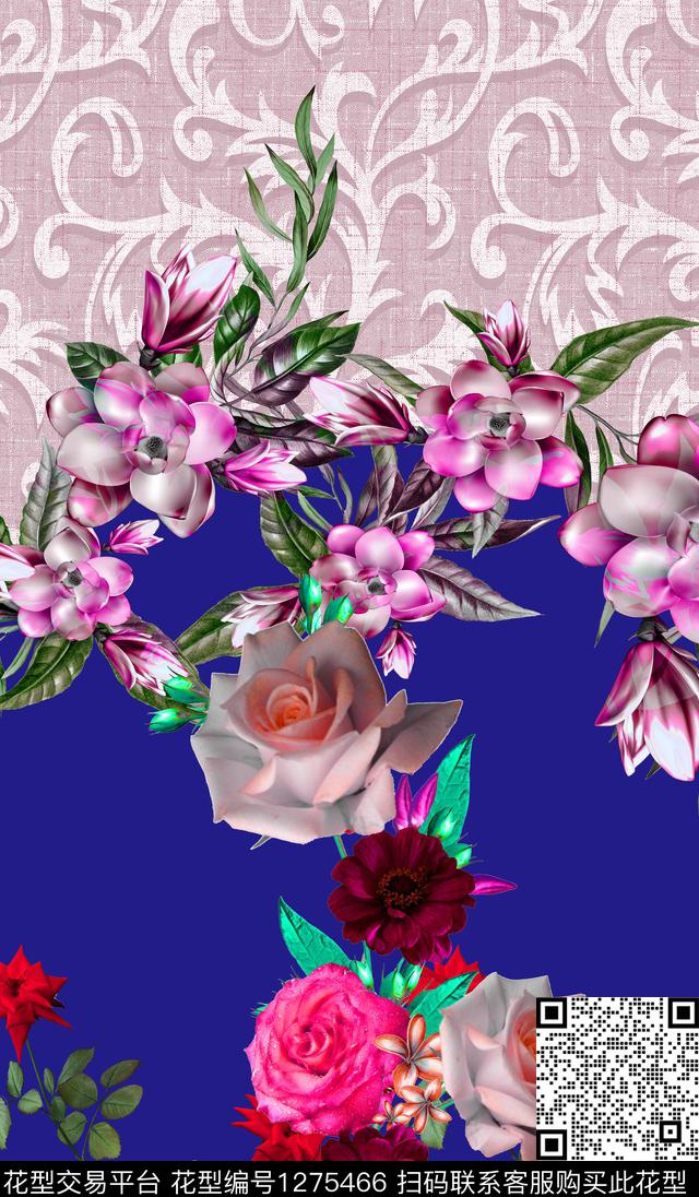 定位数码花手绘花卉花纹数码印花华亿平台下载（图片编号: 1275466） - 瓦栏（Walan）