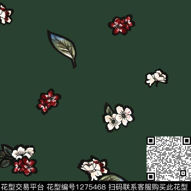 手绘小碎花军绿底数码印花华亿平台下载（图片编号: 1275468） - 瓦栏（Walan）