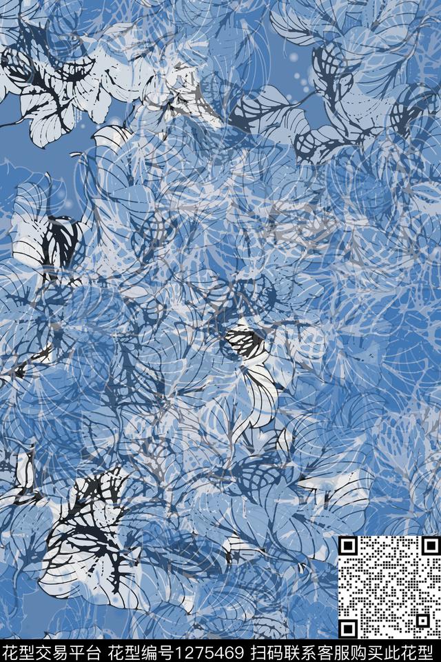 抽象花卉蜡印树叶组合数码印花华亿平台下载（图片编号: 1275469） - 瓦栏（Walan）
