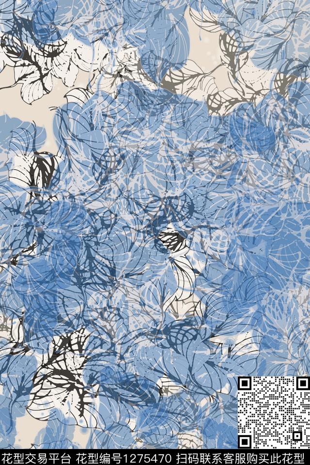 抽象花卉蜡印树叶组合数码印花华亿平台下载（图片编号: 1275470） - 瓦栏（Walan）