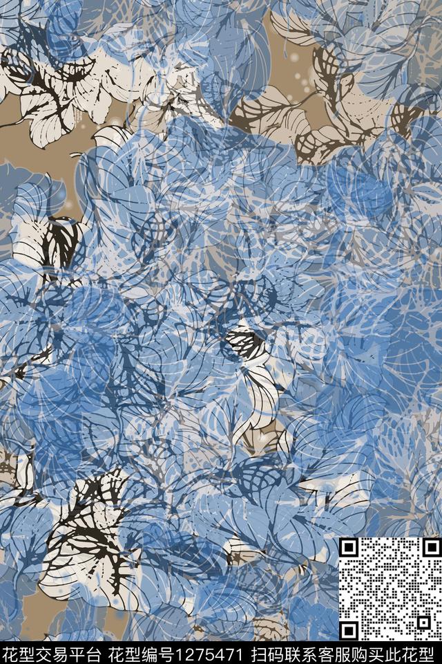 抽象花卉蜡印树叶组合数码印花华亿平台下载（图片编号: 1275471） - 瓦栏（Walan）