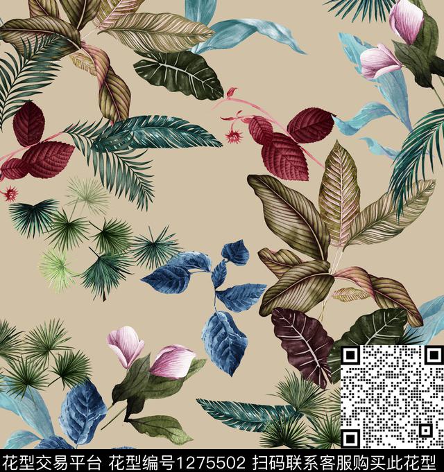 花卉绿植树叶米色底数码印花华亿平台下载（图片编号: 1275502） - 瓦栏（Walan）