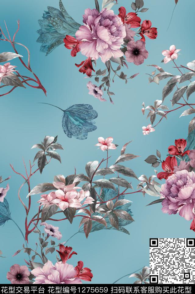 植物中国风国画数码印花华亿平台下载（图片编号: 1275659） - 瓦栏（Walan）
