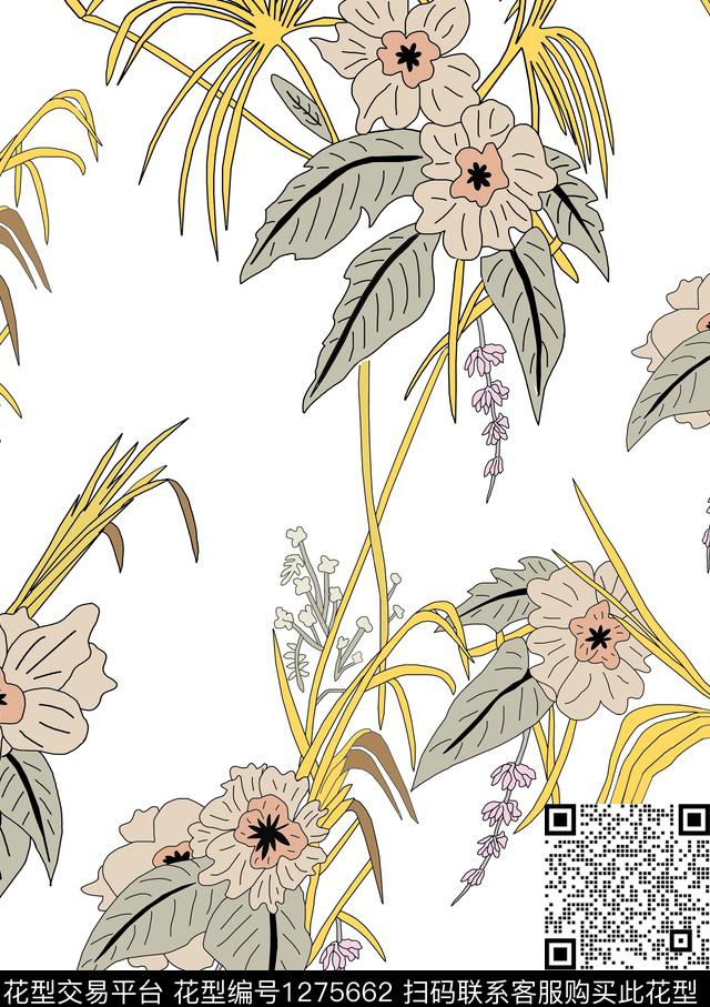 花卉植物白底花数码印花华亿平台下载（图片编号: 1275662） - 瓦栏（Walan）