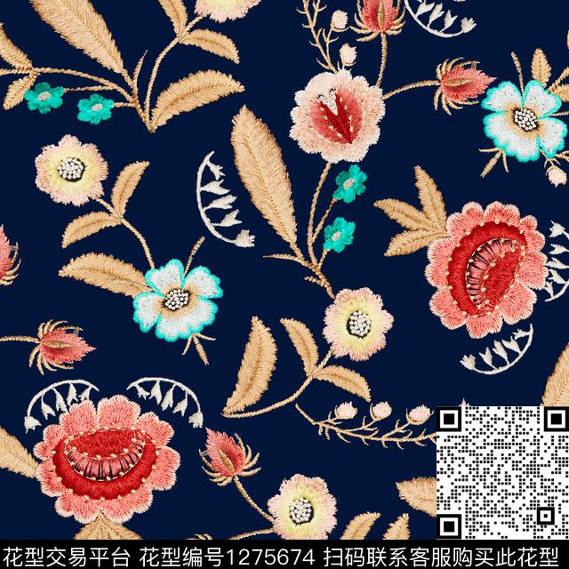 花卉绣花华亿平台老蓝数码印花华亿平台下载（图片编号: 1275674） - 瓦栏（Walan）