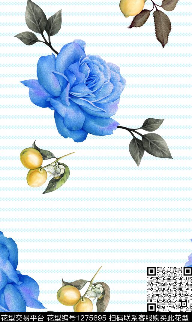 花卉小清新带条纹底色数码印花华亿平台下载（图片编号: 1275695） - 瓦栏（Walan）