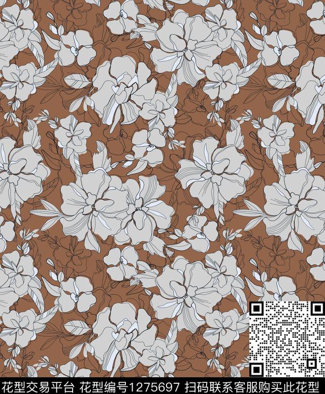 线条画休闲花卉传统印花华亿平台下载（图片编号: 1275697） - 瓦栏（Walan）