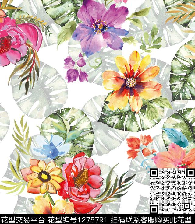 手绘花卉水彩花卉龟贝竹数码印花华亿平台下载（图片编号: 1275791） - 瓦栏（Walan）