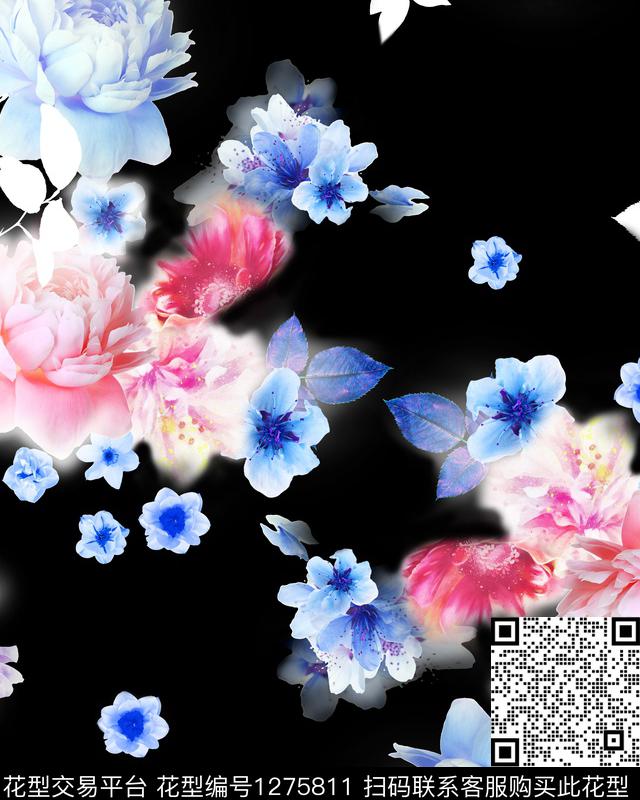 花卉红花蓝色数码印花华亿平台下载（图片编号: 1275811） - 瓦栏（Walan）