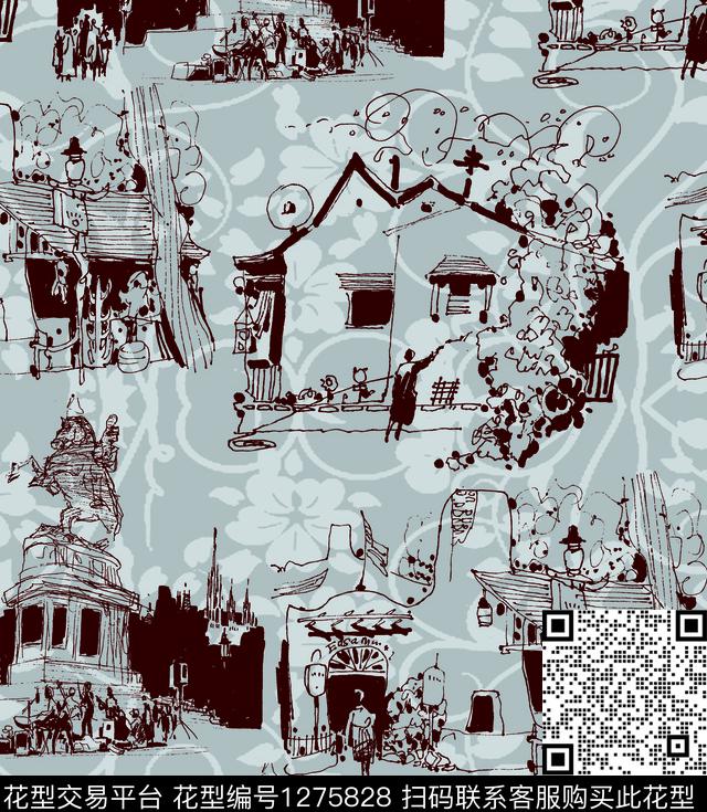 线条画复古男装传统印花华亿平台下载（图片编号: 1275828） - 瓦栏（Walan）