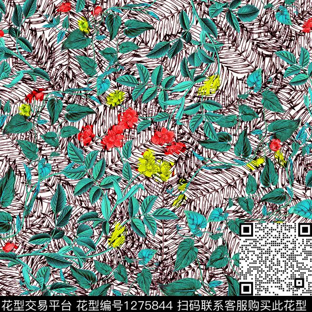 花卉大牌风植物数码印花华亿平台下载（图片编号: 1275844） - 瓦栏（Walan）