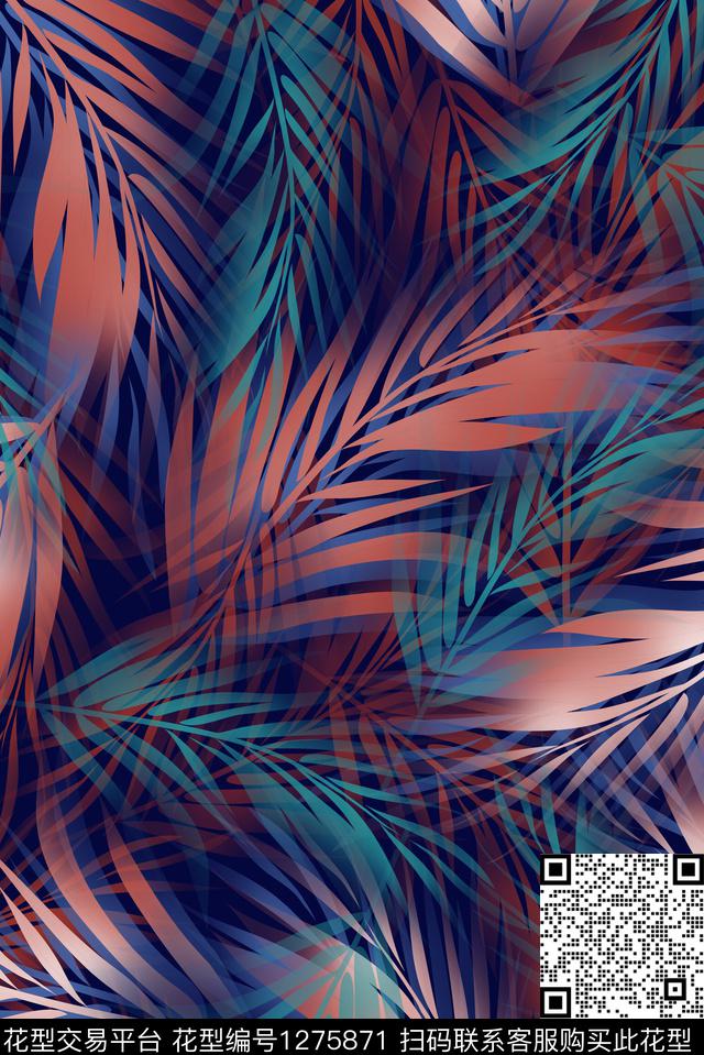 绿植树叶女装深色底华亿平台数码印花华亿平台下载（图片编号: 1275871） - 瓦栏（Walan）