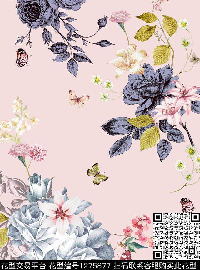 玫瑰花手绘蝴蝶数码印花华亿平台下载（图片编号: 1275877） - 瓦栏（Walan）