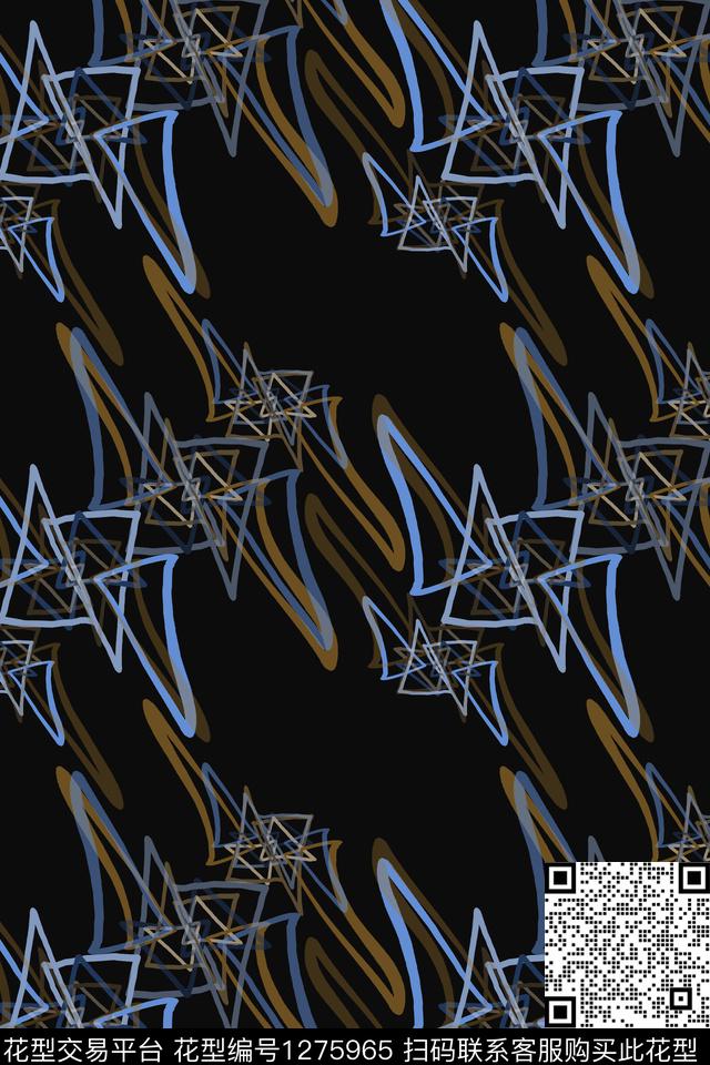 三角形手绘线条笔触男装休闲花卉数码印花华亿平台下载（图片编号: 1275965） - 瓦栏（Walan）