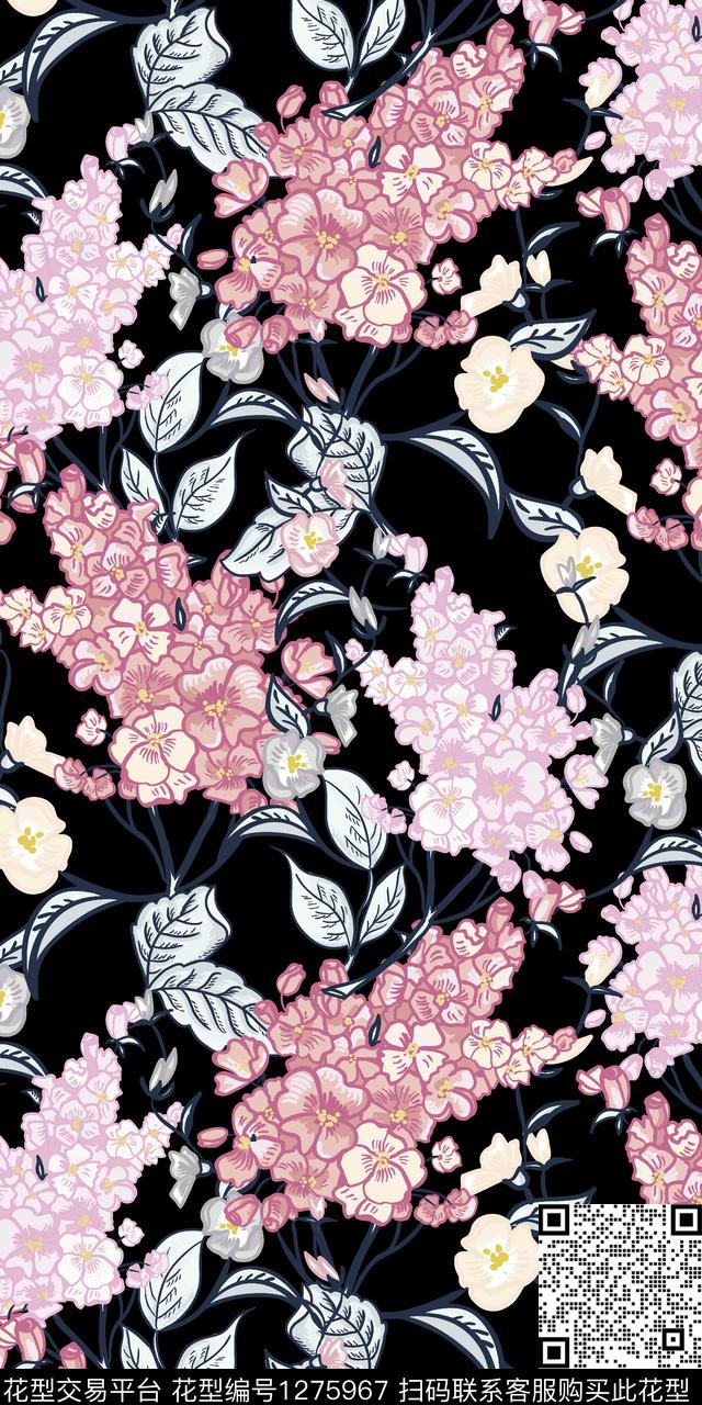 黑底花卉女装花卉传统印花华亿平台下载（图片编号: 1275967） - 瓦栏（Walan）