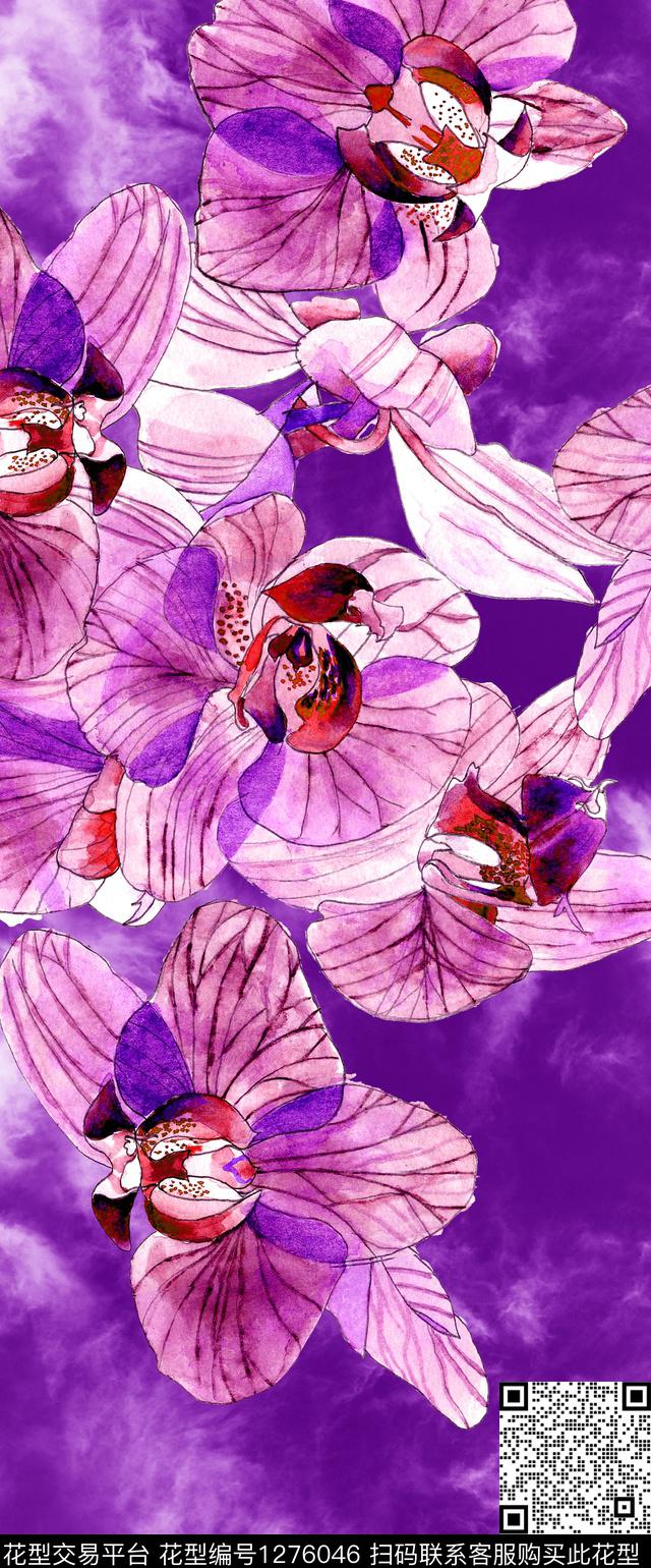 蝴蝶兰水彩花卉定位花数码印花华亿平台下载（图片编号: 1276046） - 瓦栏（Walan）