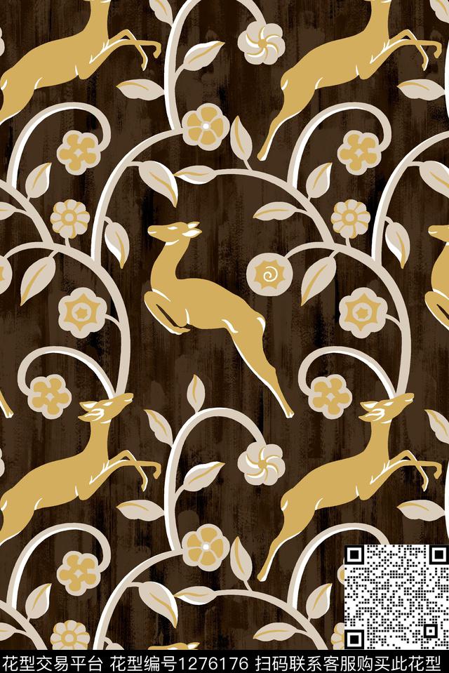 鹿花卉休闲传统印花华亿平台下载（图片编号: 1276176） - 瓦栏（Walan）