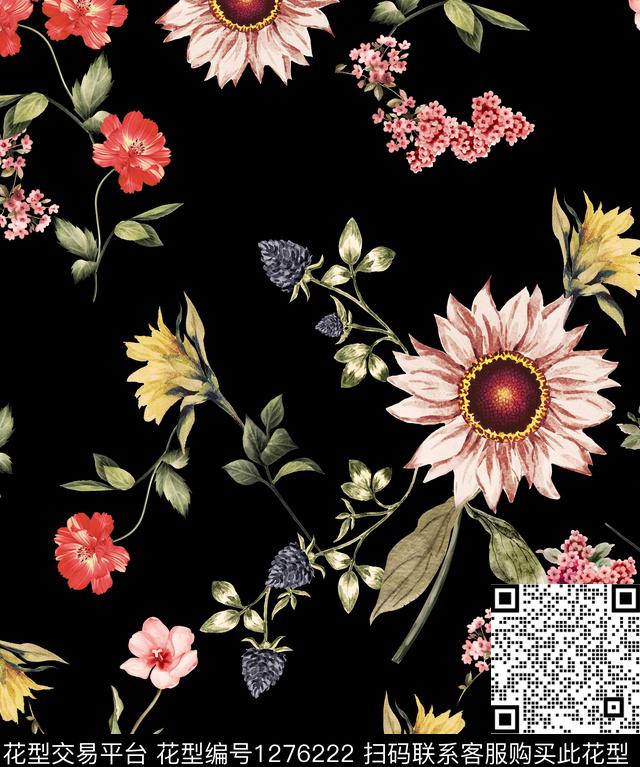 手绘向日葵黑底花卉数码印花华亿平台下载（图片编号: 1276222） - 瓦栏（Walan）
