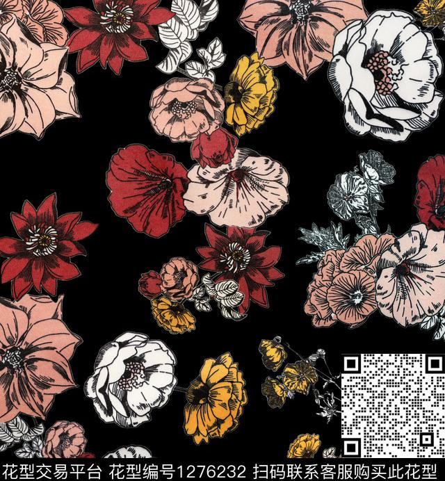 花卉手绘黑底花卉数码印花华亿平台下载（图片编号: 1276232） - 瓦栏（Walan）