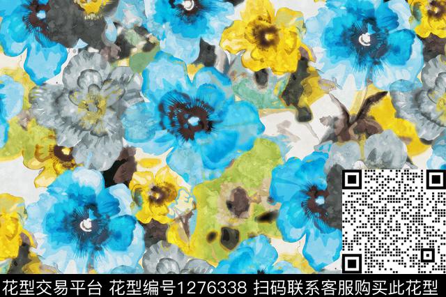 花卉手绘日系水墨数码印花华亿平台下载（图片编号: 1276338） - 瓦栏（Walan）