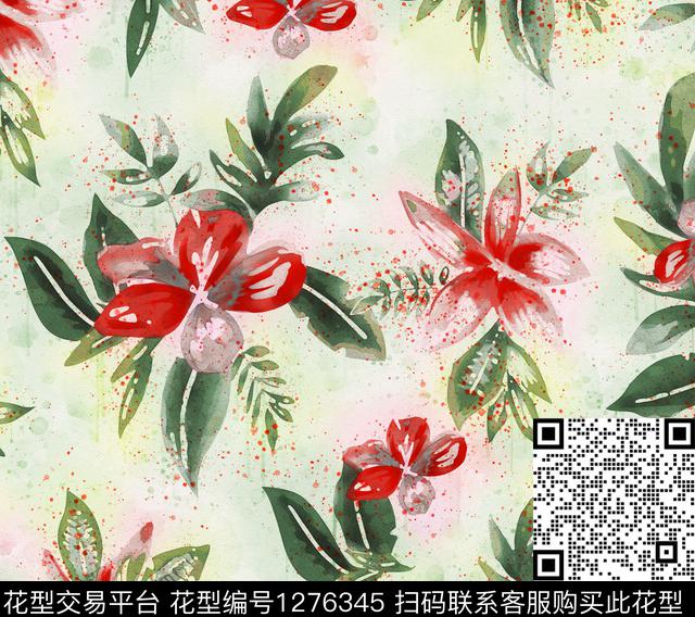 花卉手绘日系水墨数码印花华亿平台下载（图片编号: 1276345） - 瓦栏（Walan）