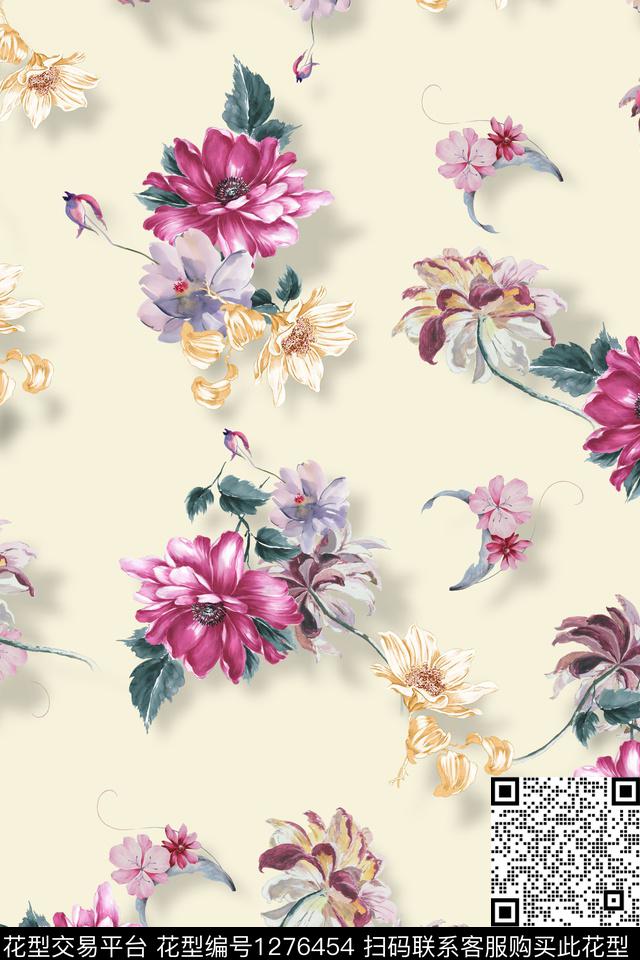 年轻女性素雅彩底花卉数码印花华亿平台下载（图片编号: 1276454） - 瓦栏（Walan）