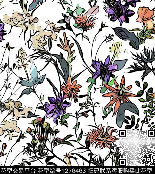 涂鸦抽象花卉花卉传统印花华亿平台下载（图片编号: 1276463） - 瓦栏（Walan）