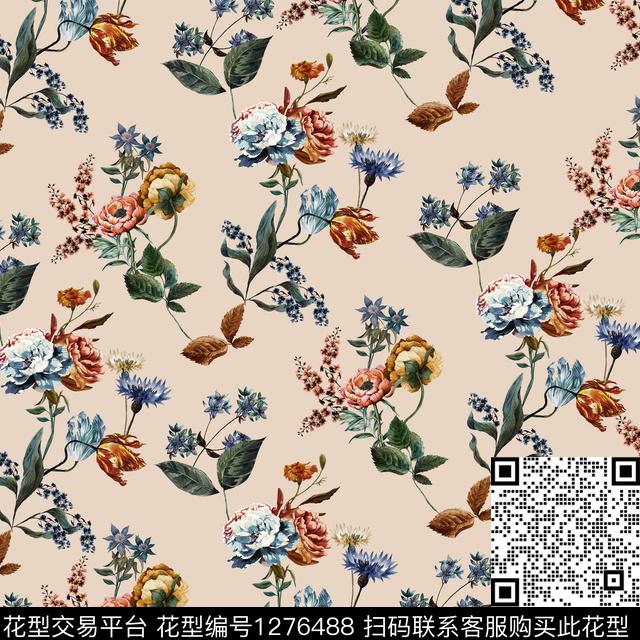 复古花卉粉底数码印花华亿平台下载（图片编号: 1276488） - 瓦栏（Walan）