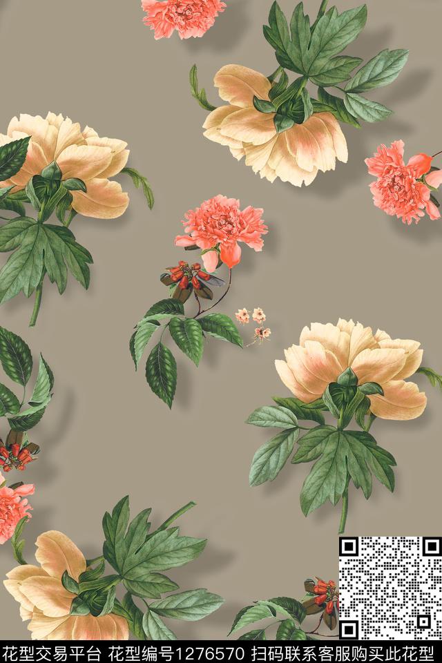 年轻女性素雅彩底花卉数码印花华亿平台下载（图片编号: 1276570） - 瓦栏（Walan）