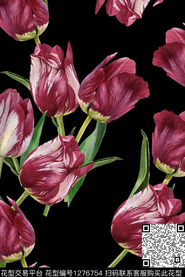 花卉郁金香黑底花卉数码印花华亿平台下载（图片编号: 1276754） - 瓦栏（Walan）