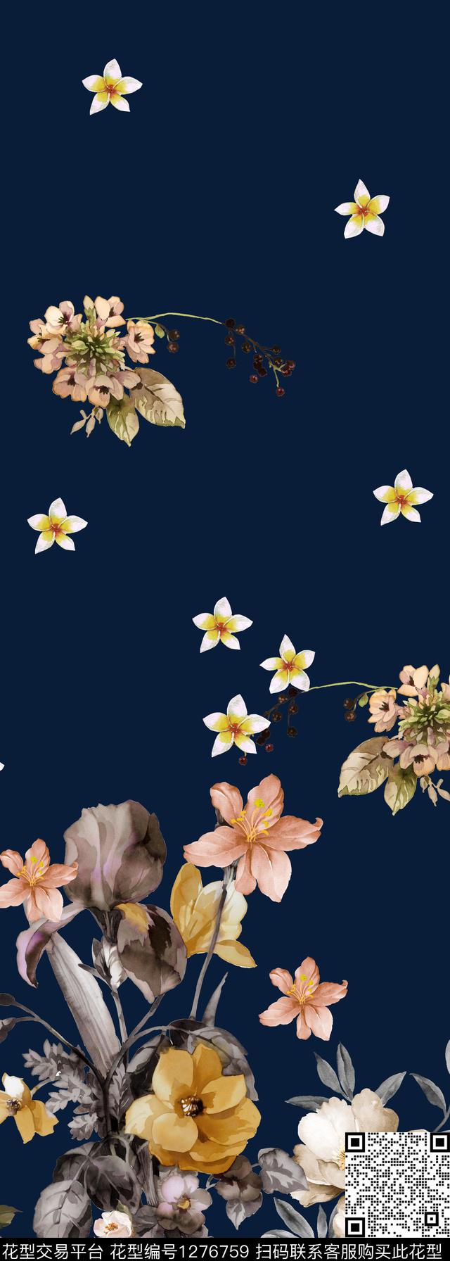 复古水彩花卉数码印花华亿平台下载（图片编号: 1276759） - 瓦栏（Walan）