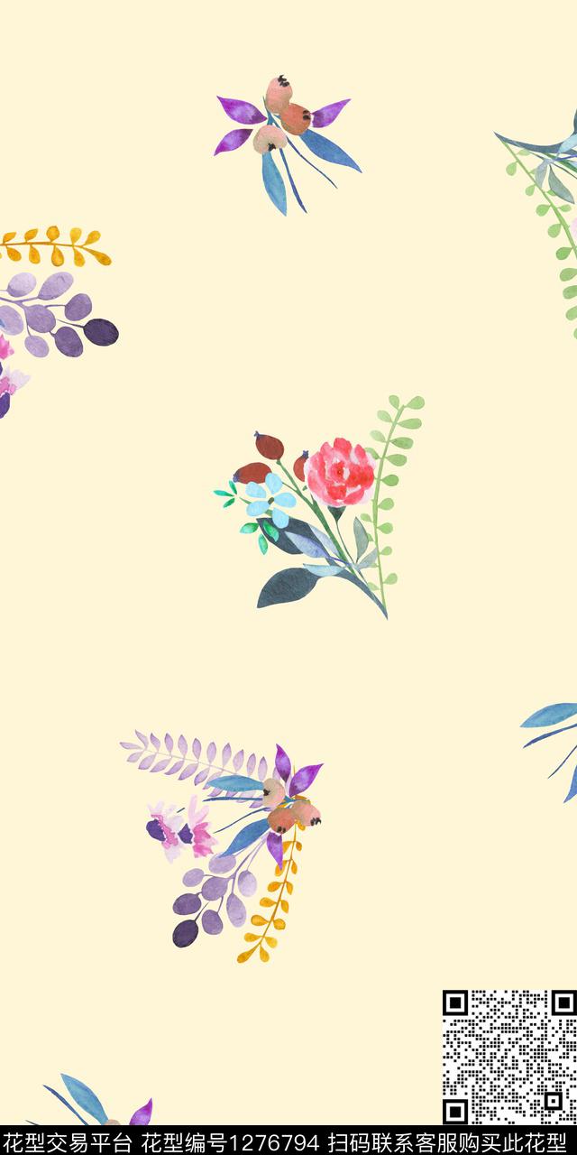 树枝花卉手绘数码印花华亿平台下载（图片编号: 1276794） - 瓦栏（Walan）