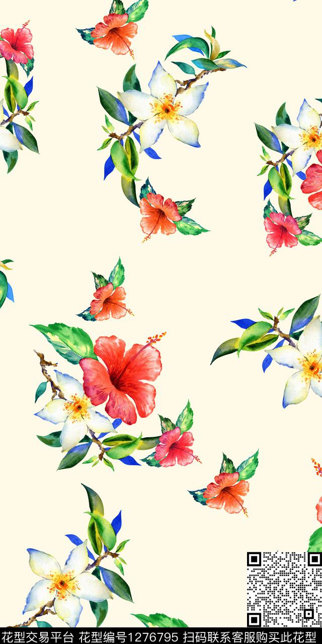 树枝花卉手绘数码印花华亿平台下载（图片编号: 1276795） - 瓦栏（Walan）
