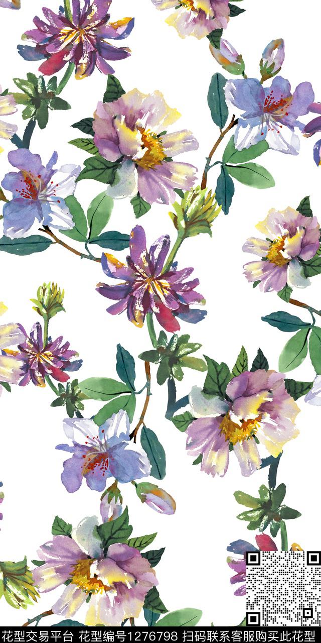 树枝花卉手绘数码印花华亿平台下载（图片编号: 1276798） - 瓦栏（Walan）