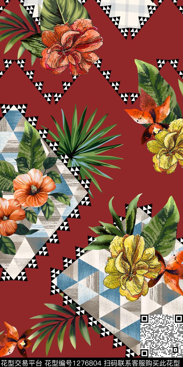 几何花卉热带华亿平台数码印花华亿平台下载（图片编号: 1276804） - 瓦栏（Walan）