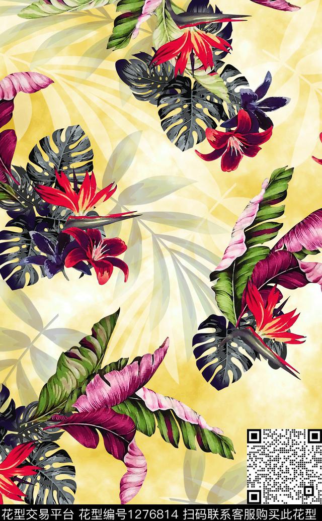 花卉热带华亿平台绿植树叶数码印花华亿平台下载（图片编号: 1276814） - 瓦栏（Walan）