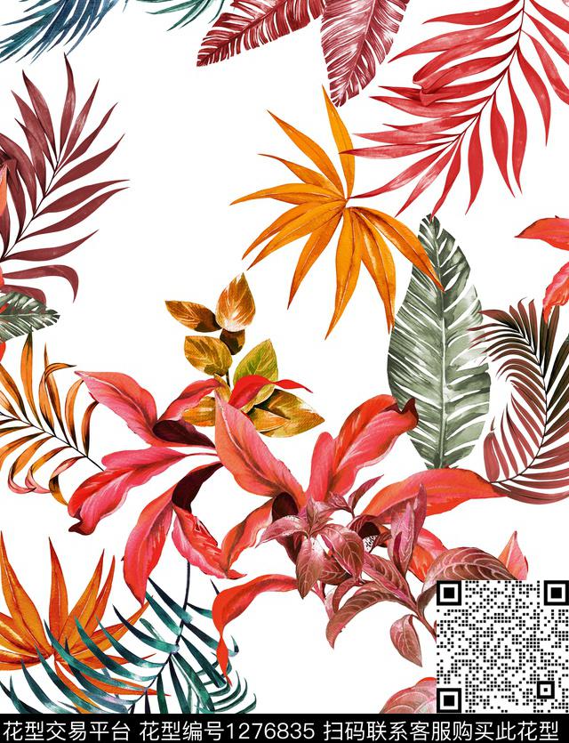 白底花清爽底花卉热带华亿平台数码印花华亿平台下载（图片编号: 1276835） - 瓦栏（Walan）