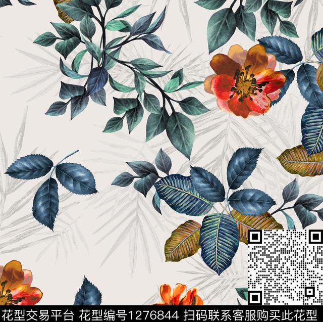 手绘红花绿叶米色数码印花华亿平台下载（图片编号: 1276844） - 瓦栏（Walan）